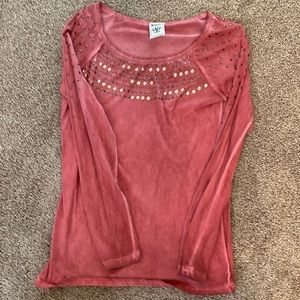 Long sleeve, pink, with silver rhinestone, woman’s shirt. Worn twice.